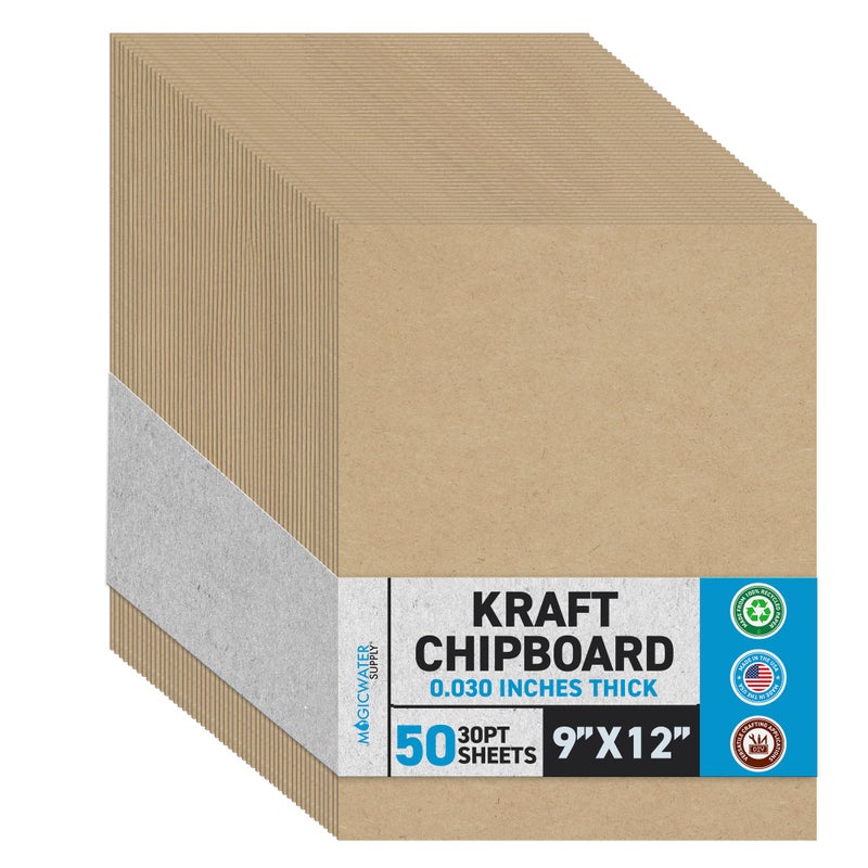 MagicWater Supply MagicWater Chipboard Sheet for DIY Projects - 9x12 Inch - 50 Pack - 30 pt - Heavy Duty Kraft (0.030 Inch Thick) Paperboard, For Scrapbooking, Books, Picture Frame Backing, Arts Project & Crafts - Image 1